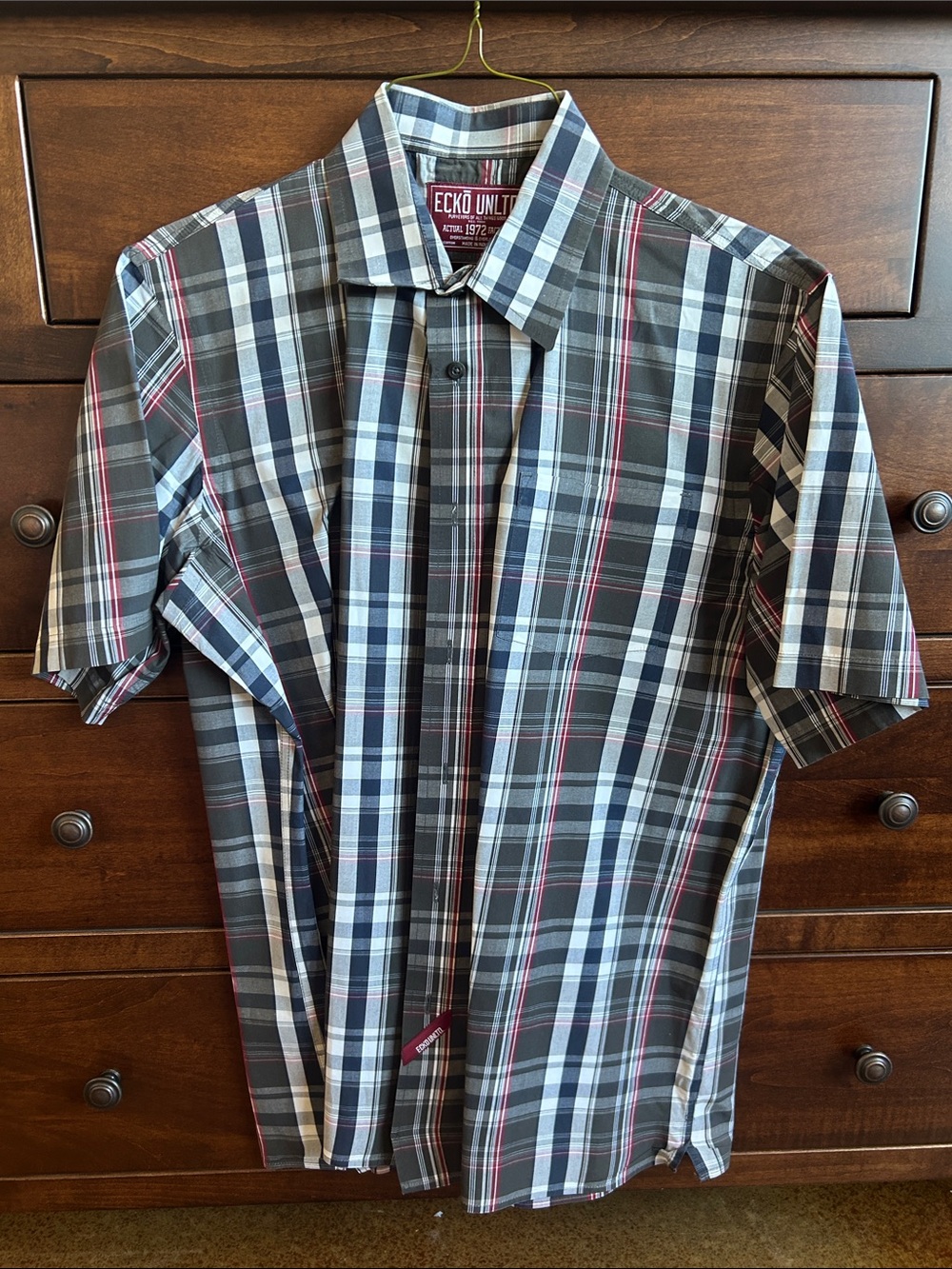 Ecko Unlimited Men’s Short Sleeve Plaid Shirt - Black/Grey/White with Red Accent